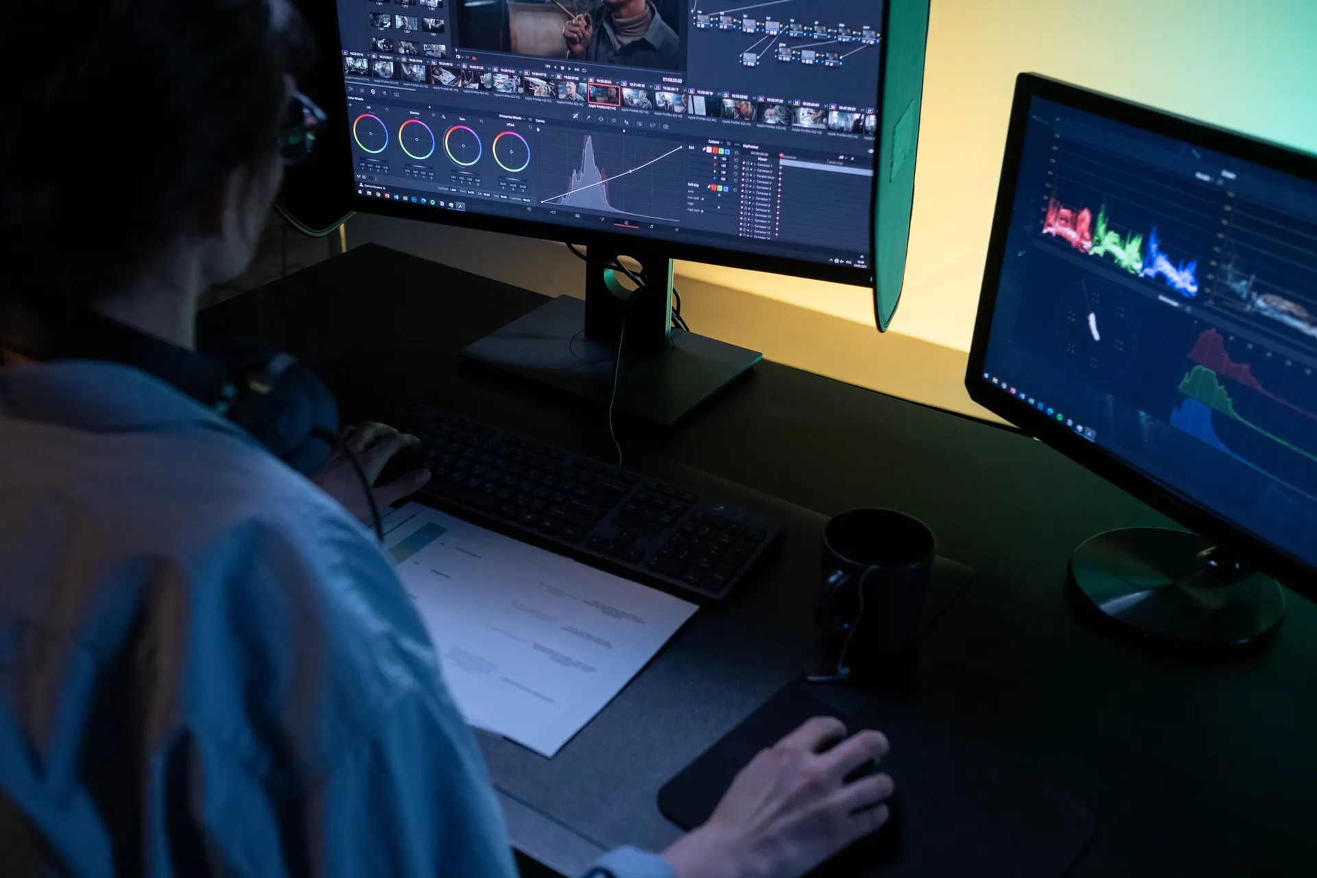 Two monitors on a dark grading desk
